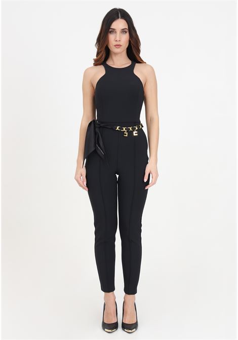 Black double crepe women's jumpsuit with chain belt with golden charms ELISABETTA FRANCHI | TUT1041E2110